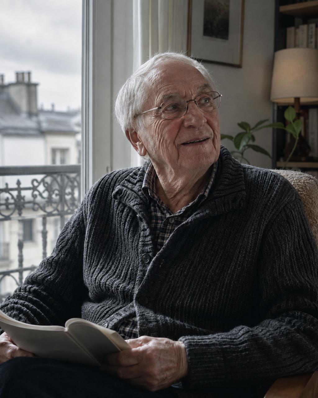 Un aîné qui lit près de sa fenêtre